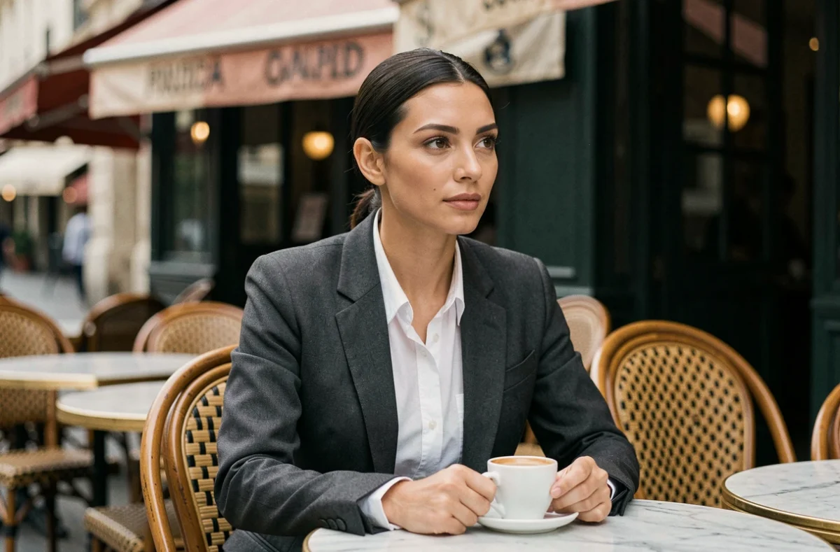 Femme actrice d'origine turque assise en terrasse de café parisien, regard pensif, dans un contexte de production cinématographique française