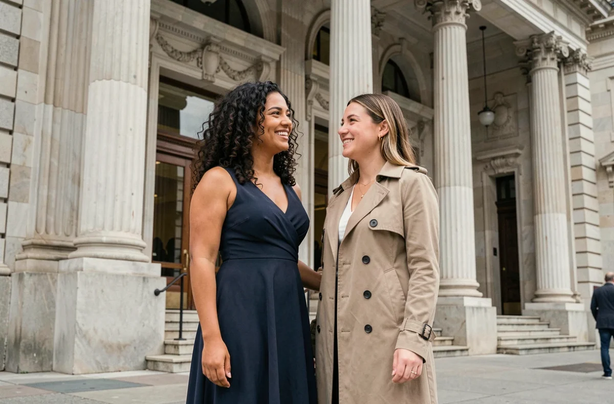 Deux actrices, l'une turque et l'autre française, devant l'entrée d'un grand théâtre parisien, symbolisant une collaboration artistique internationale
