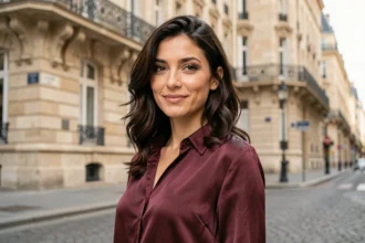 Actrice turque élégante posant sur un boulevard parisien en chemisier bordeaux, évoquant une collaboration franco-turque dans le cinéma