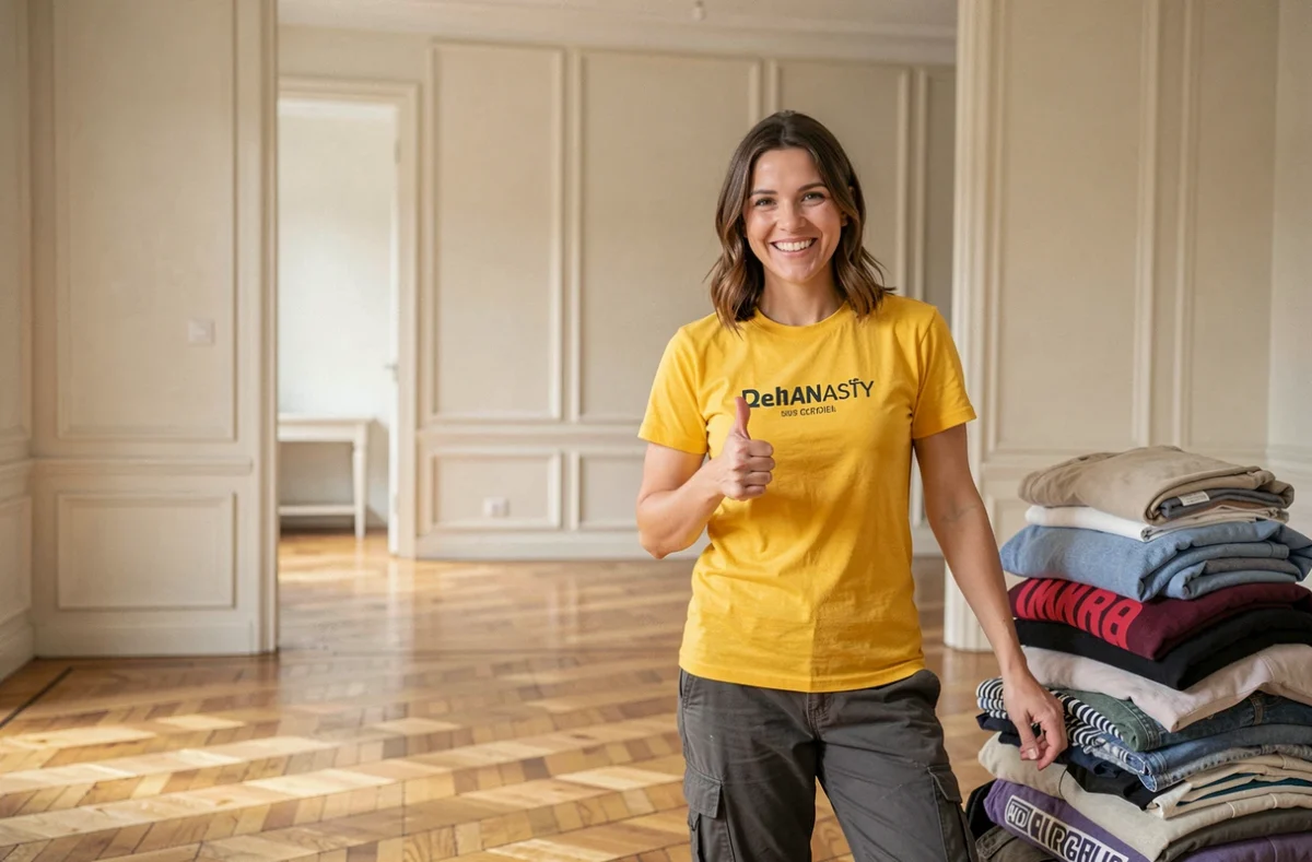 Professionnelle souriante de Adieu Bazar devant des affaires triées dans un appartement vide
