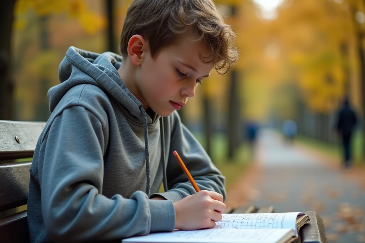 Adolescent résolvant un casse-tete dans un parc