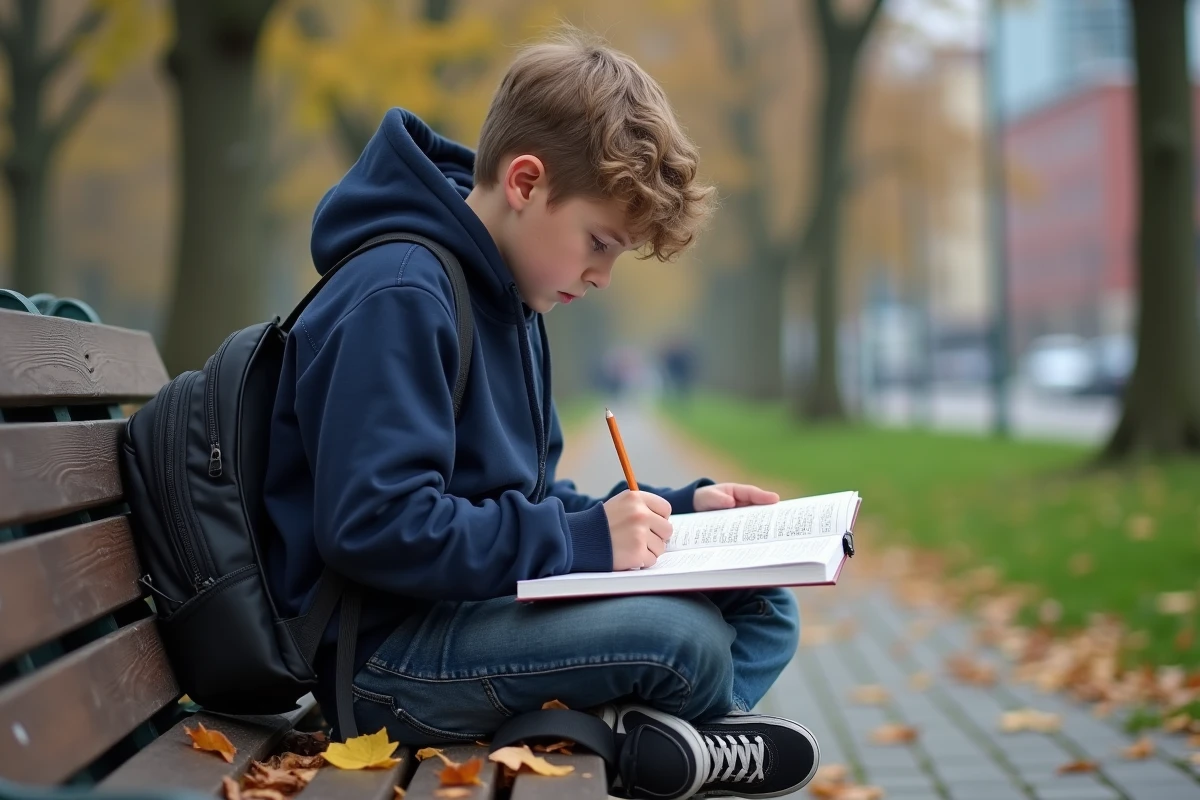 Adolescent concentré avec mots croises dans un parc
