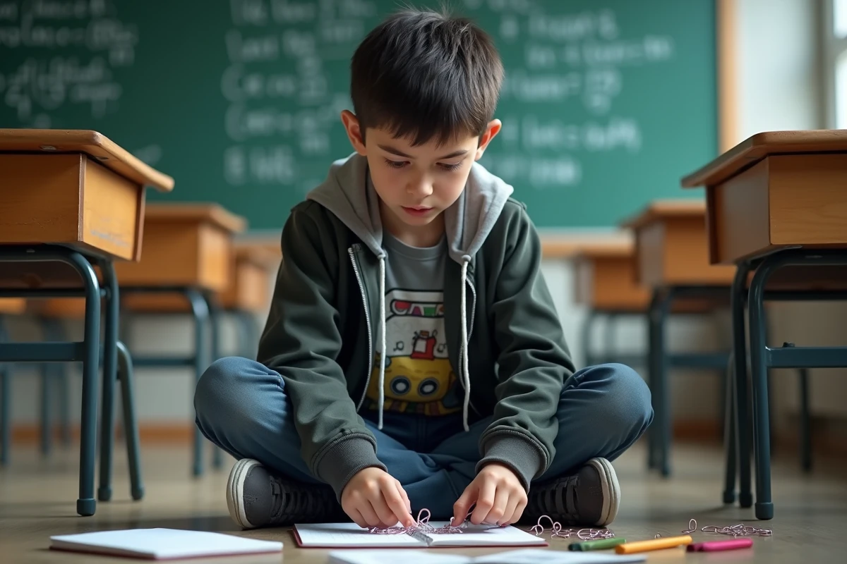 Garçon frustré avec des trombones en classe