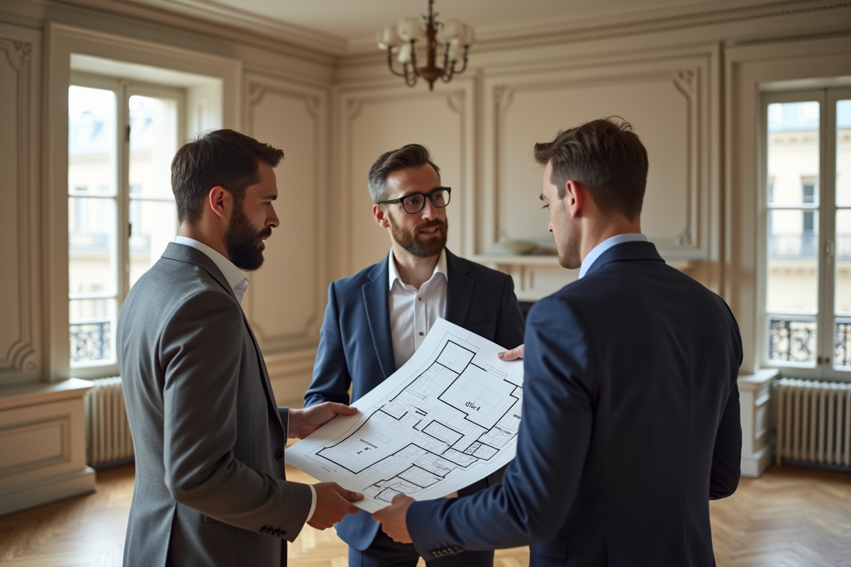 Agent immobilier montrant un plan T4 dans un appartement parisien