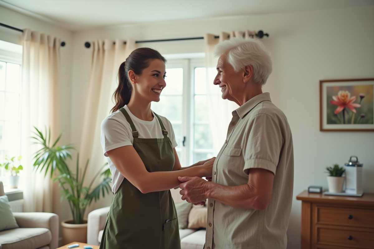 Aide à domicile aidant une personne âgée dans un salon lumineux