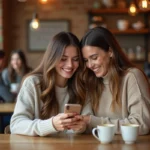 Deux amies dans un café partagent un message texte sur smartphone en souriant, illustrant les textes personnalisés pour amis