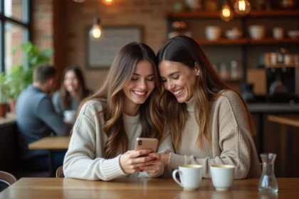 Deux amies dans un café partagent un message texte sur smartphone en souriant, illustrant les textes personnalisés pour amis