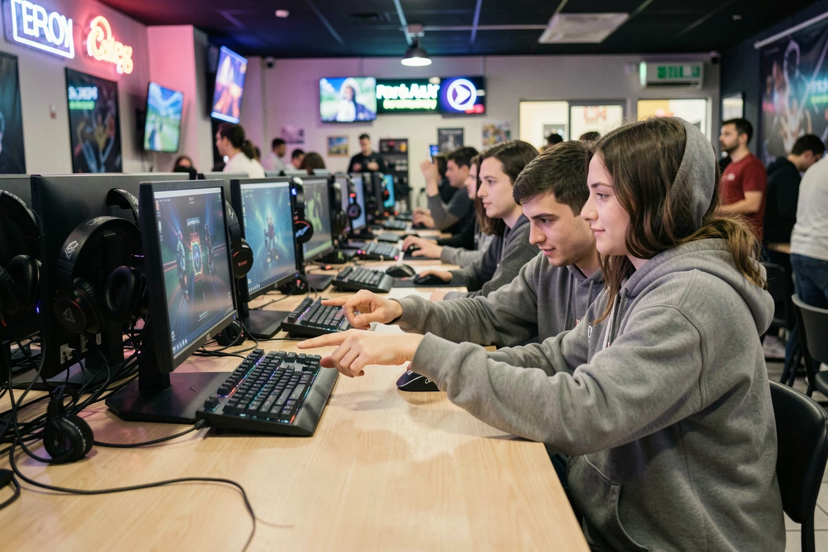 Deux amis jouant à League of Legends côte à côte dans un café esports avec des setups gaming professionnels