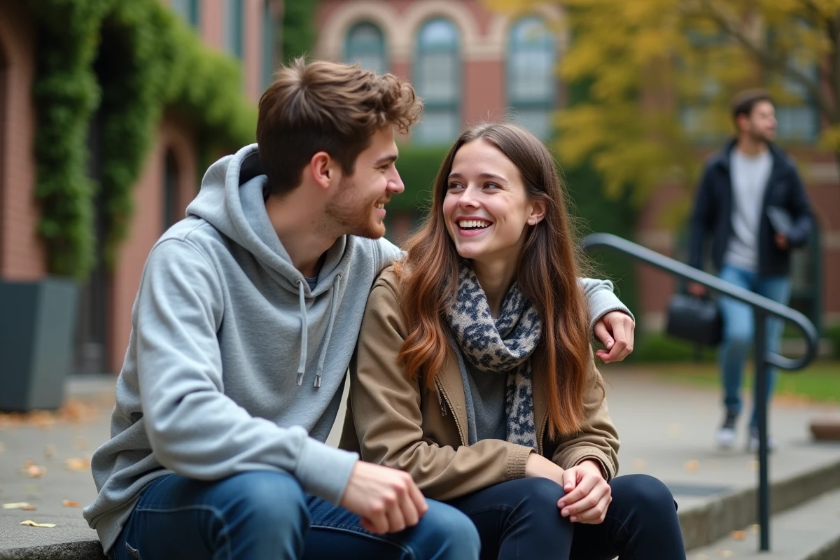 Jeune homme amoureux transi regardant son amie avec admiration discrète sur des marches de campus universitaire