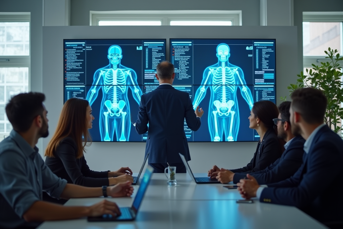 Groupe de personnes analysant des résultats de scans corporels en équipe