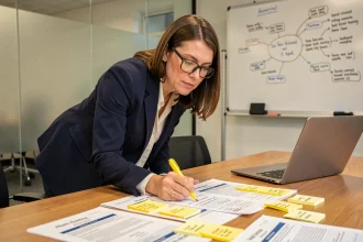Analyste marketing soulignant des verbatims sur des feuilles d'enquête imprimées dans une salle de réunion moderne