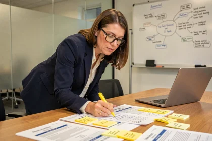 Analyste marketing soulignant des verbatims sur des feuilles d'enquête imprimées dans une salle de réunion moderne
