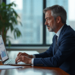 Analyste financier en costume bleu regardant des graphiques