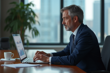 Analyste financier en costume bleu regardant des graphiques