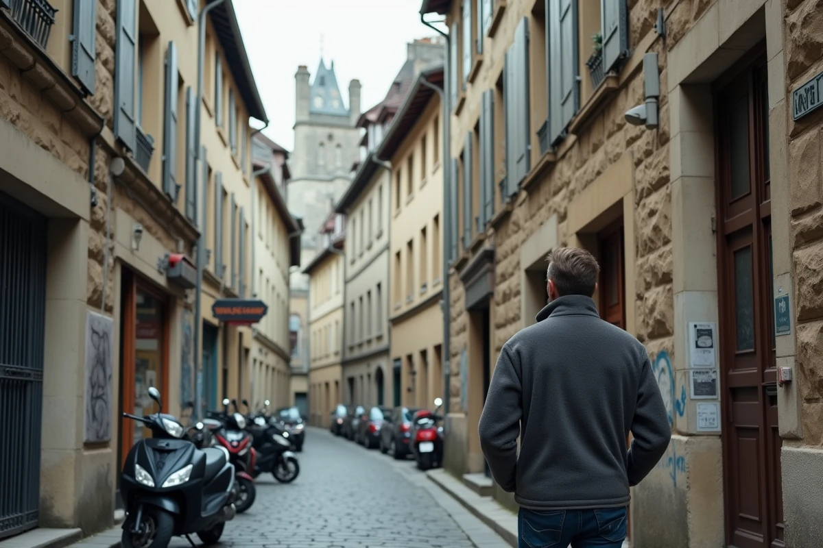 Ruelle pavée du centre historique d'Angoulême avec façades médiévales et tags sur les murs