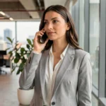 Femme en blazer gris téléphonant depuis un bureau moderne, illustrant un appel entre la Belgique et la France sans frais d'itinérance