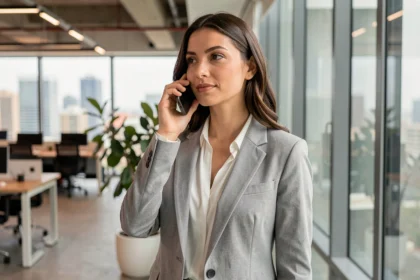 Femme en blazer gris téléphonant depuis un bureau moderne, illustrant un appel entre la Belgique et la France sans frais d'itinérance