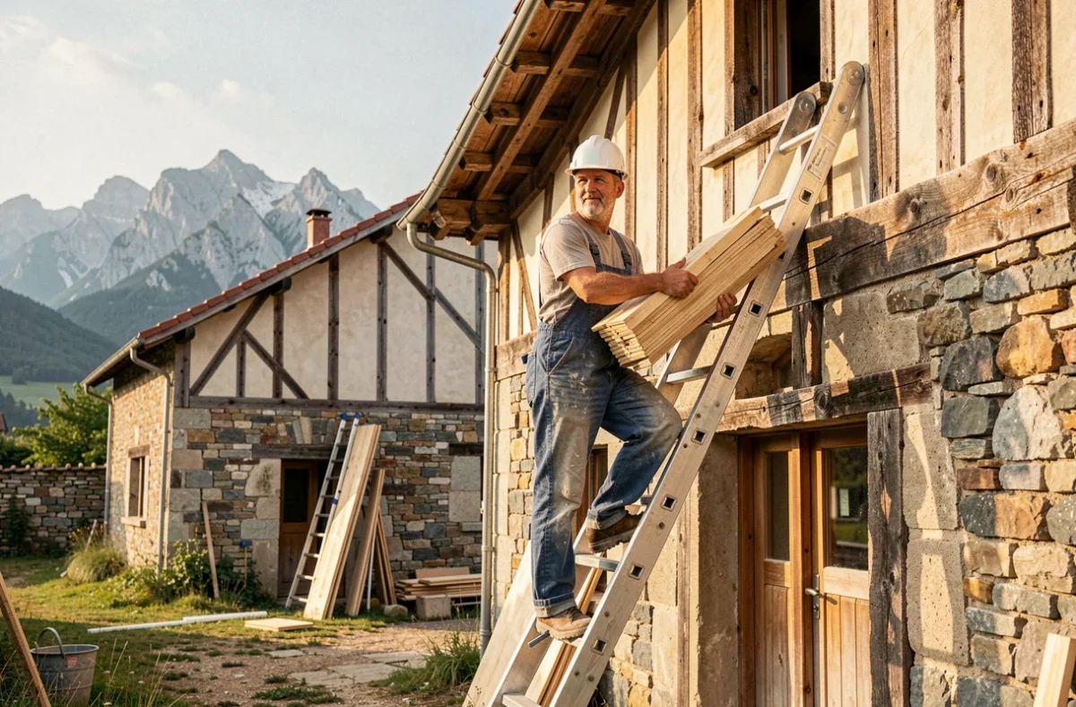 Ouvrier d'Arnaud Laurent Travaux Services transportant des liteaux en bois lors d'une rénovation de toiture en Drôme rurale