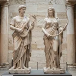 Statues grecques en marbre d'Artémis et Apollon exposées dans un musée, représentant les jumeaux divins de la mythologie grecque