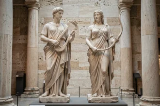 Statues grecques en marbre d'Artémis et Apollon exposées dans un musée, représentant les jumeaux divins de la mythologie grecque