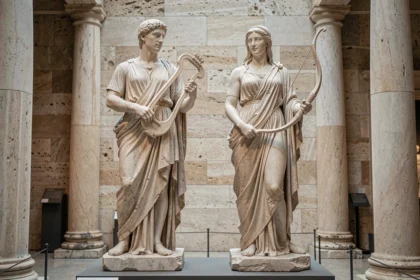 Statues grecques en marbre d'Artémis et Apollon exposées dans un musée, représentant les jumeaux divins de la mythologie grecque