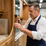 Artisan français en train de finaliser l'aménagement intérieur en bois d'un mobil-home haut de gamme dans un atelier de fabrication