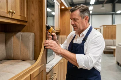 Artisan français en train de finaliser l'aménagement intérieur en bois d'un mobil-home haut de gamme dans un atelier de fabrication