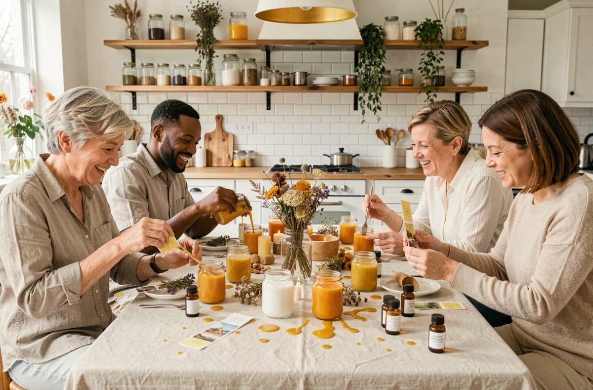 Groupe d'adultes participant à un atelier de fabrication de bougies artisanales lors d'une soirée créative entre amis