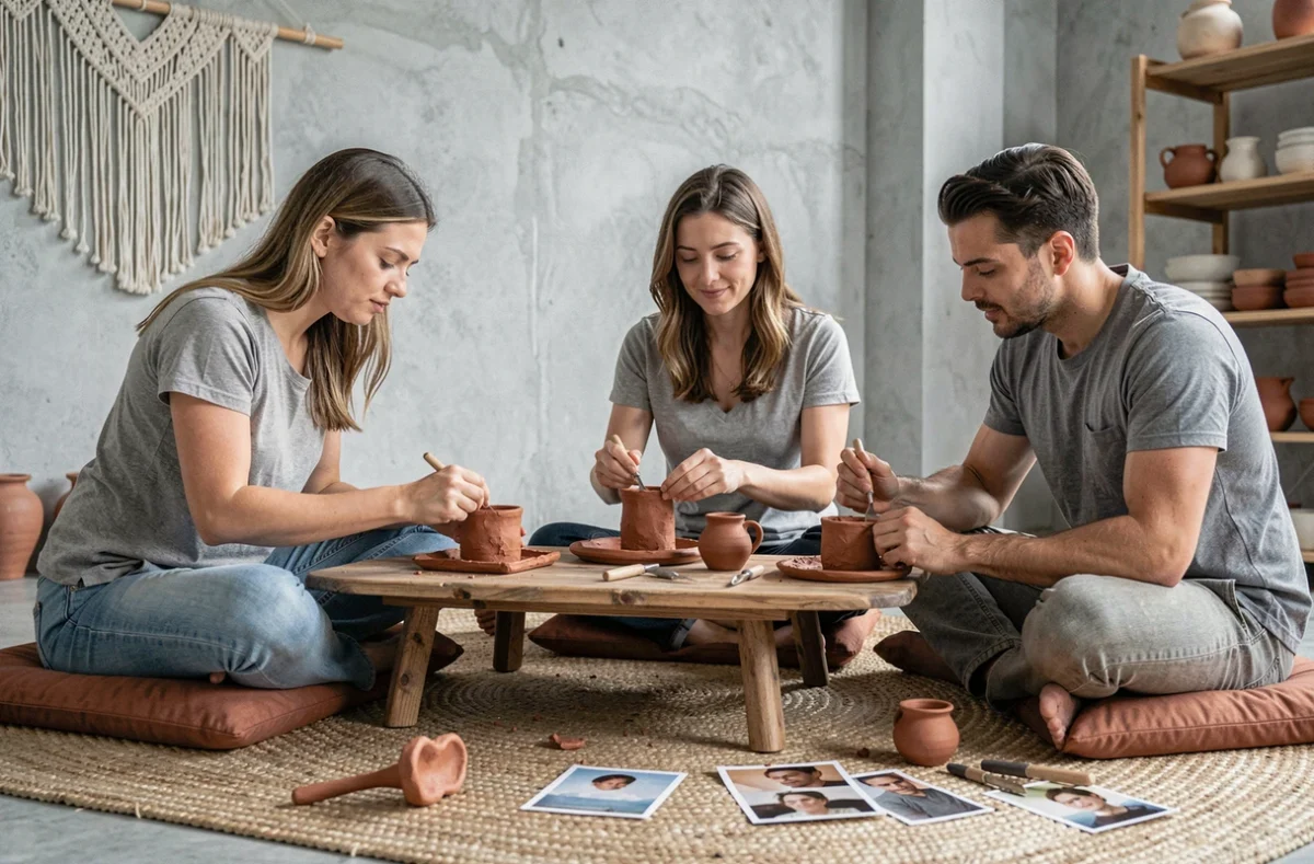 Amis adultes pratiquant la poterie artisanale ensemble lors d'un atelier créatif à domicile