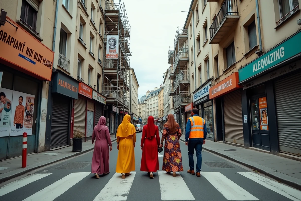 Rue commerçante d'Aubervilliers avec commerces multiculturels et passants dans un quartier populaire