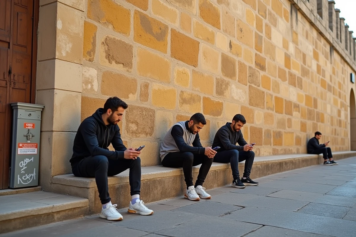 Jeunes hommes assis devant les remparts médiévaux d'Avignon dans un quartier populaire extérieur