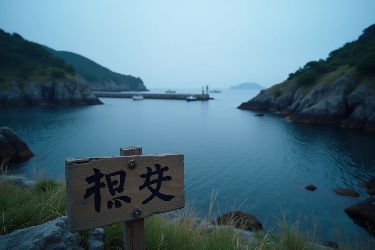Baie côtière japonaise au crépuscule avec un panneau en bois affichant le nom de trois lettres de la baie en caractères japonais