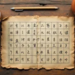 Grille de mots croisés en bois avec des mots japonais en trois lettres posée sur un bureau en chêne avec du thé vert et un bonsaï