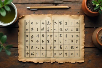 Grille de mots croisés en bois avec des mots japonais en trois lettres posée sur un bureau en chêne avec du thé vert et un bonsaï