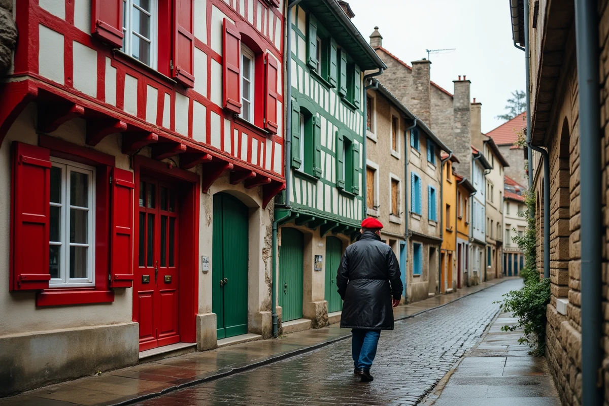 Rue du quartier Saint-Esprit à Bayonne avec maisons basques à colombages et pavés mouillés