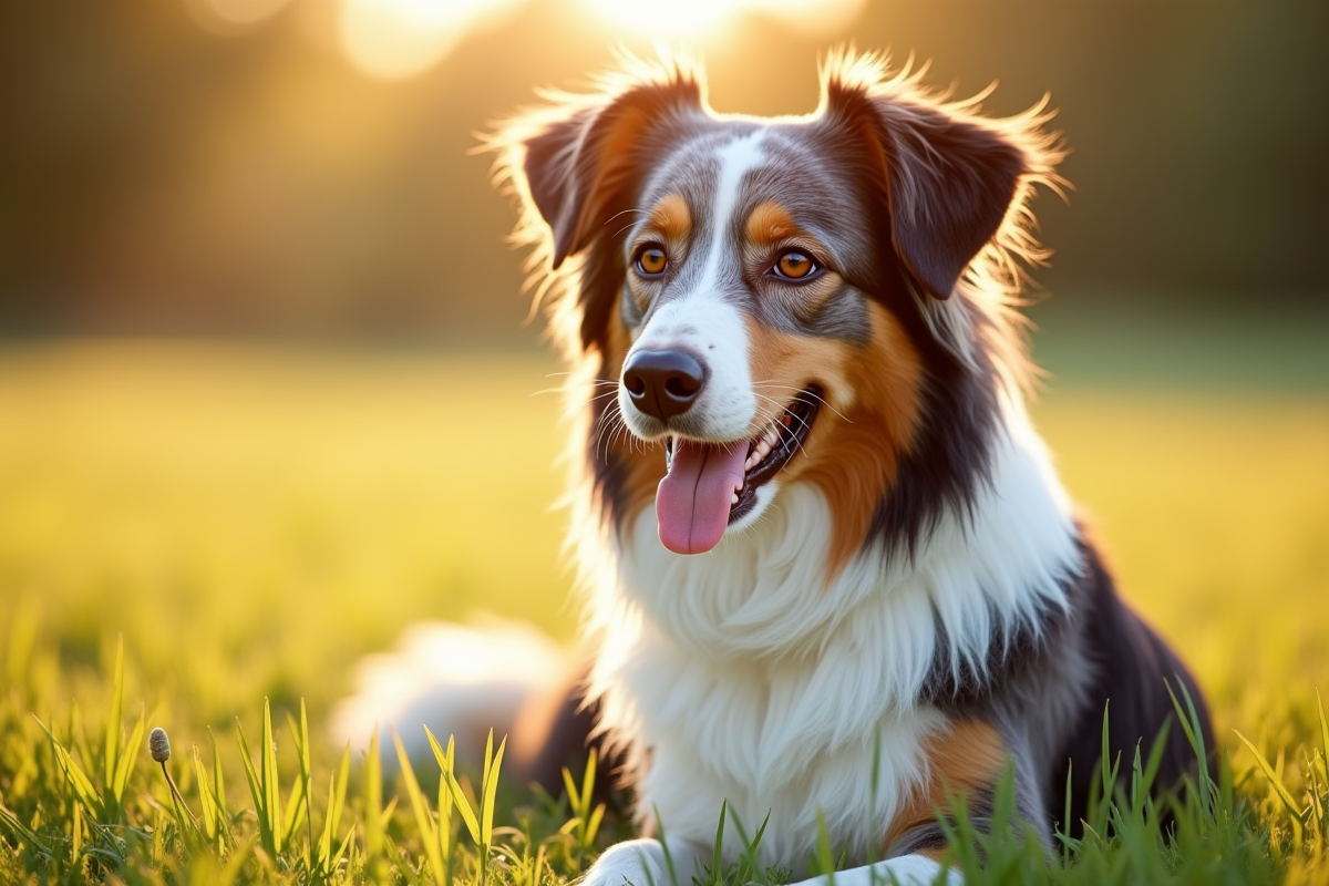 Chien berger australien en plein air ensoleille dans un champ