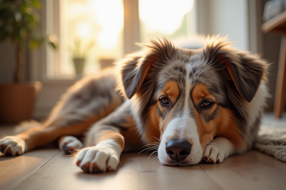 Chien berger australien senior repose dans un salon lumineux