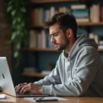 Jeune blogueur concentré à son bureau à la maison