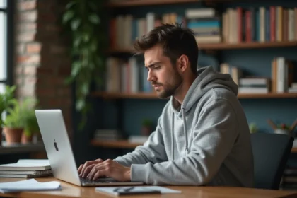 Jeune blogueur concentré à son bureau à la maison