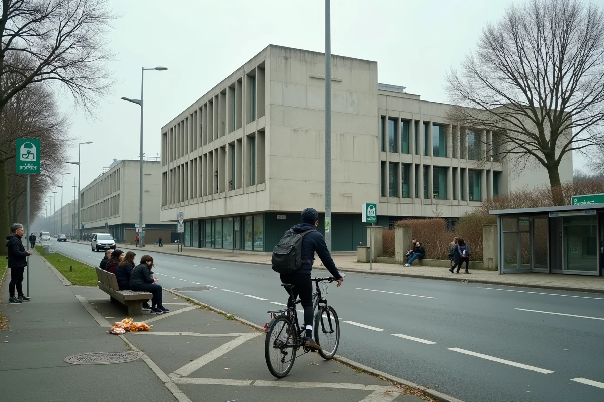 Rue de Bobigny avec le bâtiment brutaliste de la Préfecture de Seine-Saint-Denis en arrière-plan