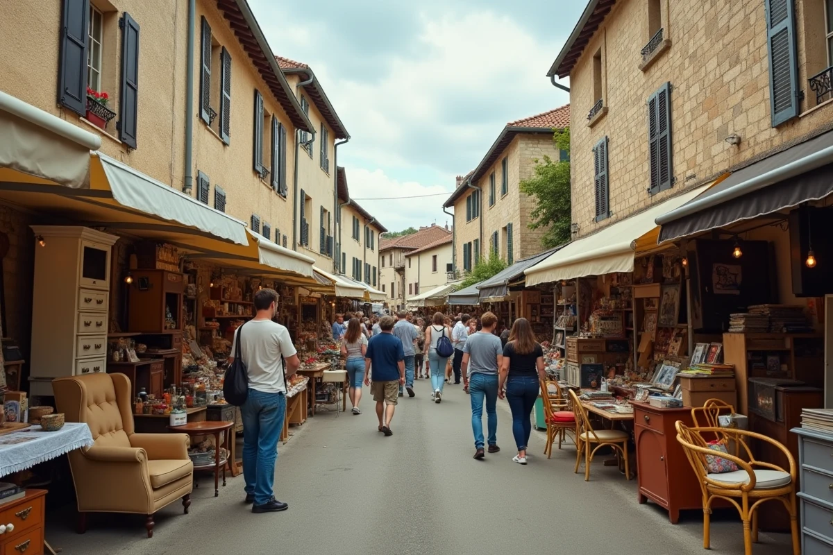 Vue panoramique d'une brocante animée dans une rue médiévale d'une ville de l'Aveyron avec des étals de meubles et antiquités