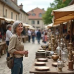 Brocante en plein air dans un village de l'Aveyron avec des tables garnies d'objets anciens et une femme qui browse des bibelots vintage