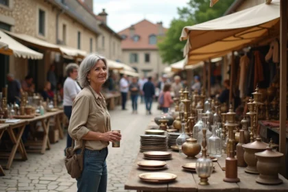 Brocante en plein air dans un village de l'Aveyron avec des tables garnies d'objets anciens et une femme qui browse des bibelots vintage