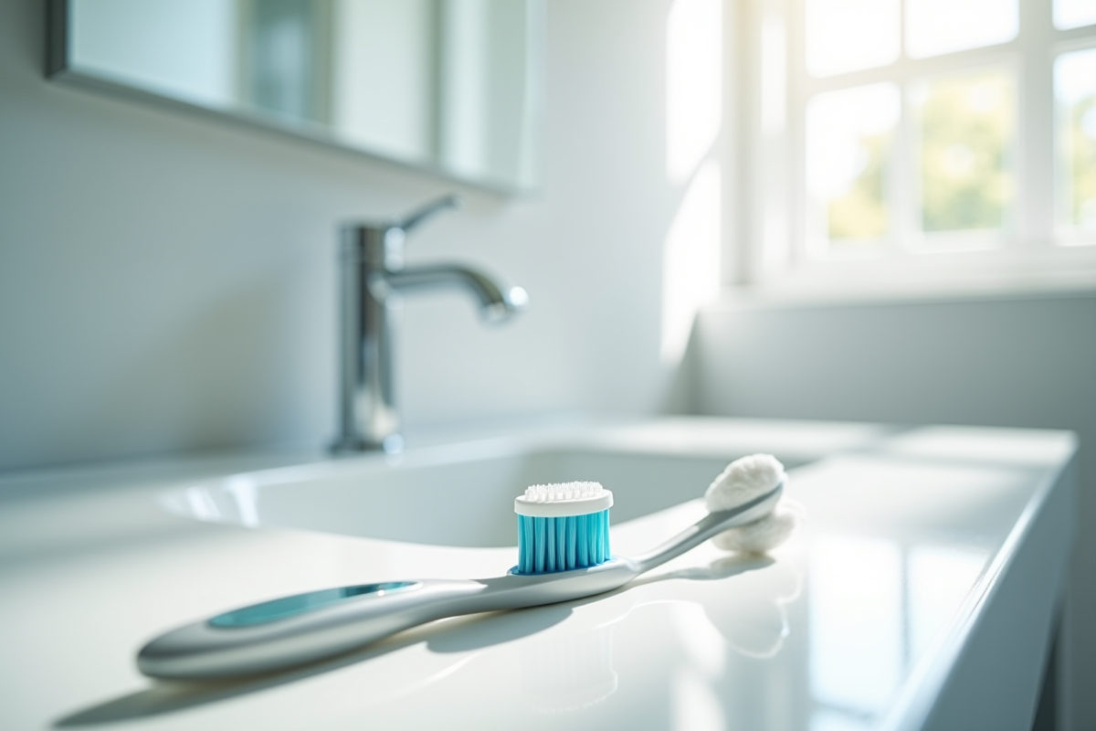 Brosse à dents avec dentifrice sur un lavabo lumineux