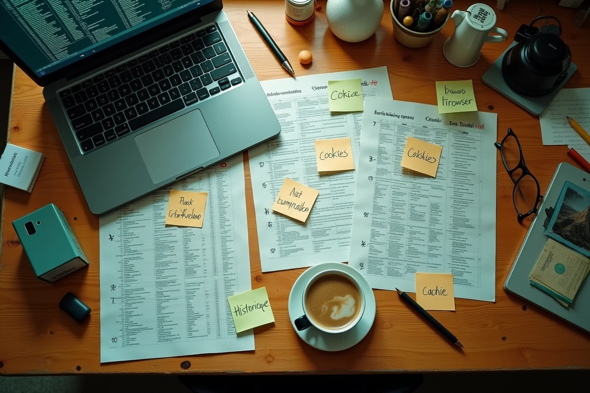 Vue aérienne d'un bureau d'analyste encombré de journaux d'historique de navigation imprimés et de notes sur les cookies et les données personnelles