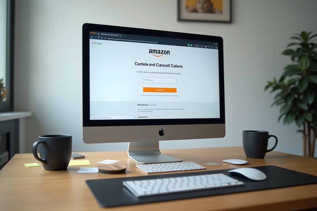 Bureau avec ordinateur affichant la page de confirmation d'annulation de l'abonnement Amazon Prime