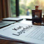 Bureau moderne avec documents Karl Lagerfeld et parfum de luxe