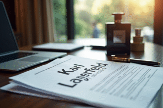 Bureau moderne avec documents Karl Lagerfeld et parfum de luxe