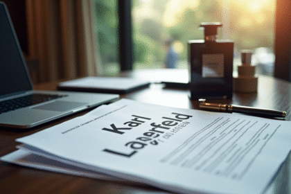 Bureau moderne avec documents Karl Lagerfeld et parfum de luxe