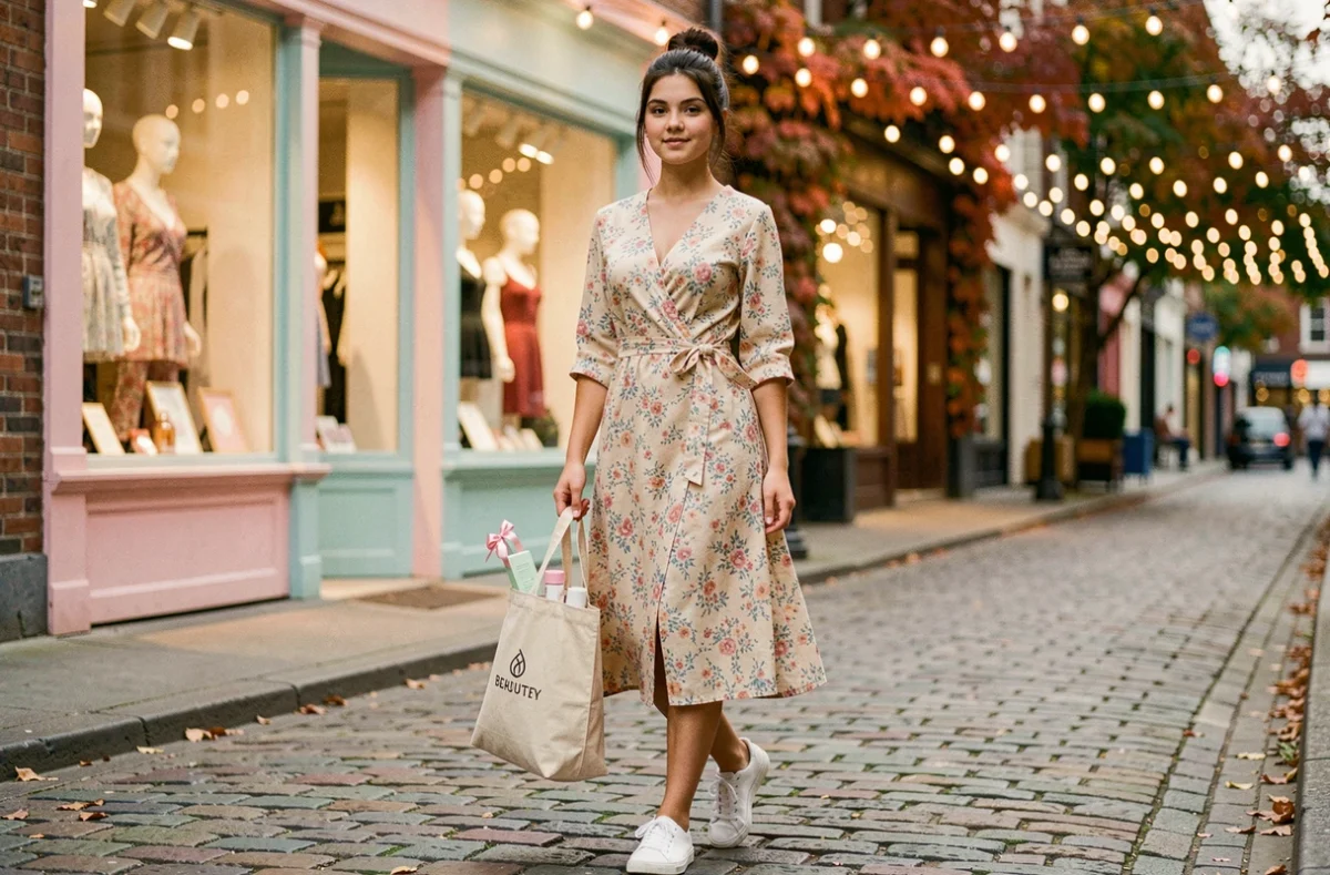 Jeune fille de 16 ans tenant un sac cadeau beauté et mode devant une boutique colorée dans une rue piétonne